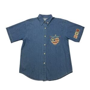Vintage Denim Shirt Womens Medium M Blue Country American Flag Heart Button Up